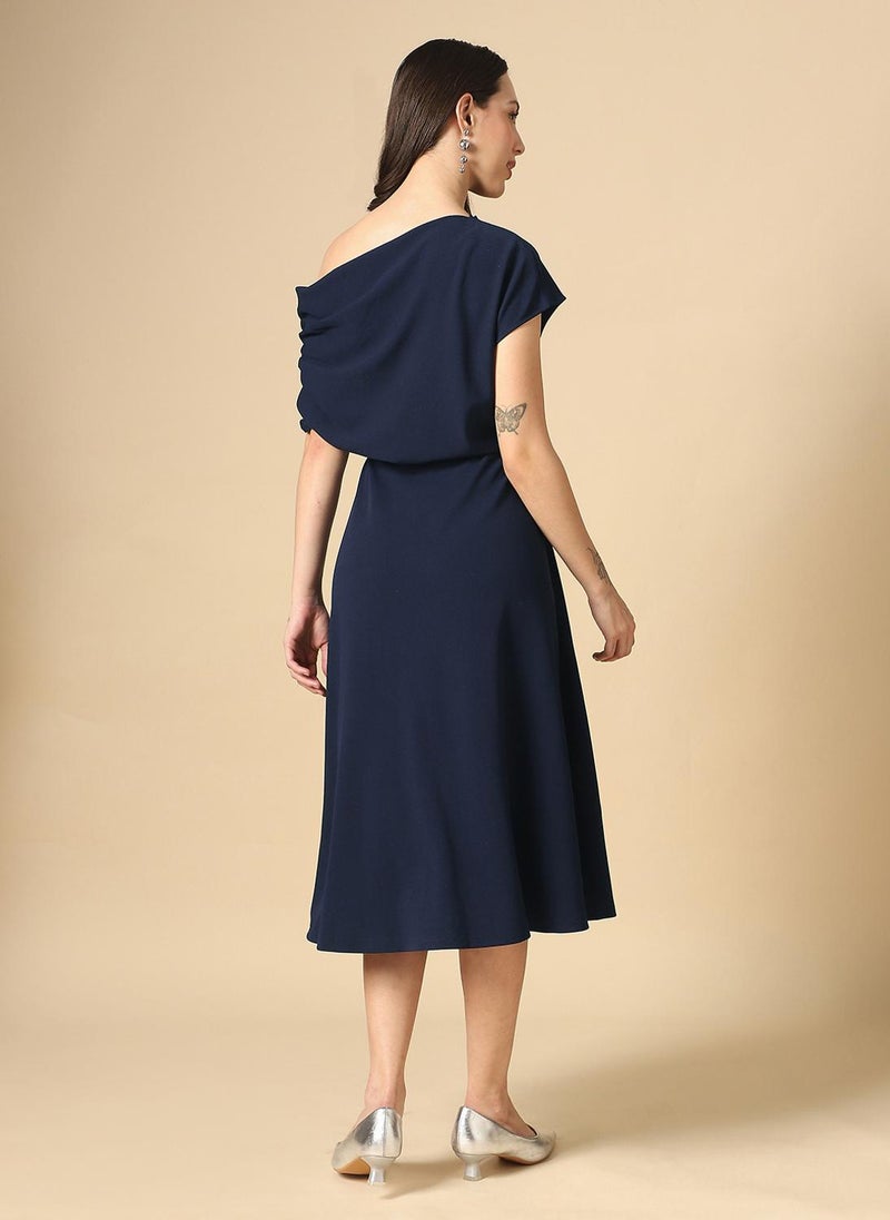 Globus Women Navy Blue One Shoulder Ruched Sleeve Self Design Fit & Flare Midi Dress - Image 4